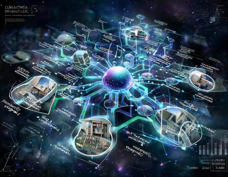 Visualisierung eines Netzwerks mit einem zentralen Punkt und verbundenen Gebäuden in einem digitalen Stil.