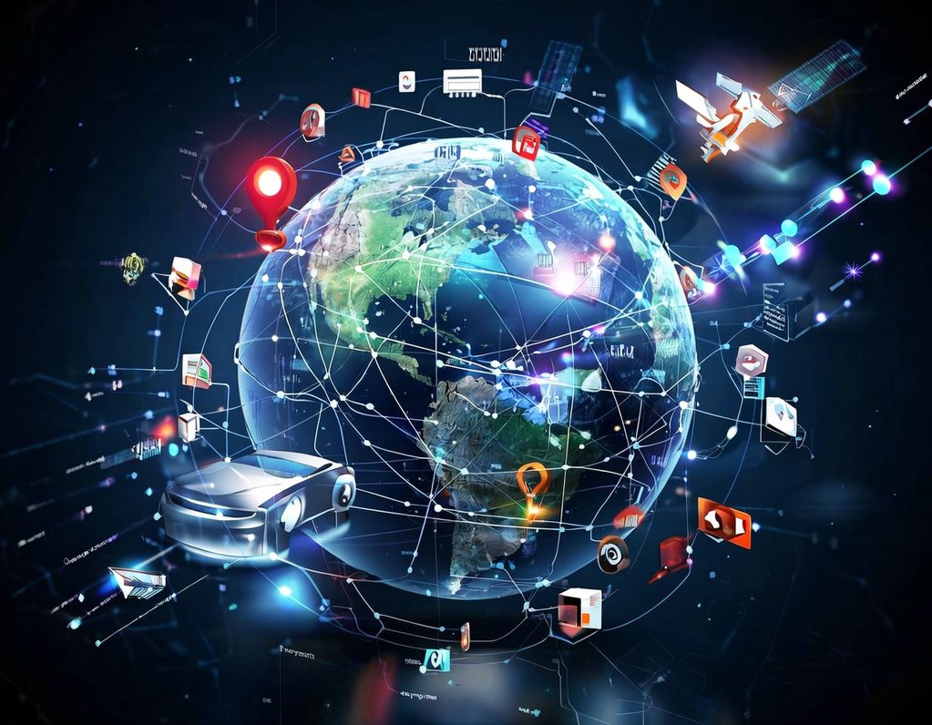 Weltkarte mit Netzwerkverbindungen und iconischen Symbolen der digitalen Technologie.